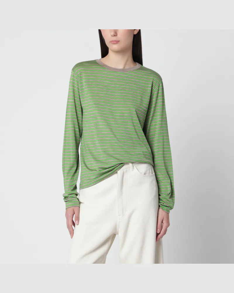 AURALEE Grünes gestreiftes T-Shirt aus Wolle Green