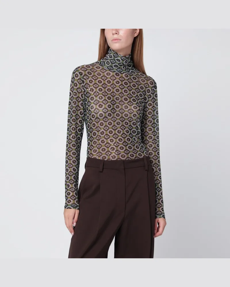 Dries van Noten Halbtransparenter Rollkragenpullover mit grünem Aufdruck Mehrfarbig