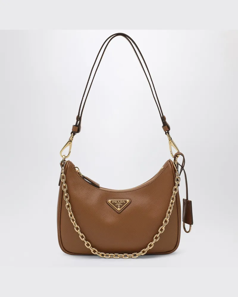 Prada Karamellfarbene  Re-Edition Mini-Tasche aus Saffiano-Leder Brown