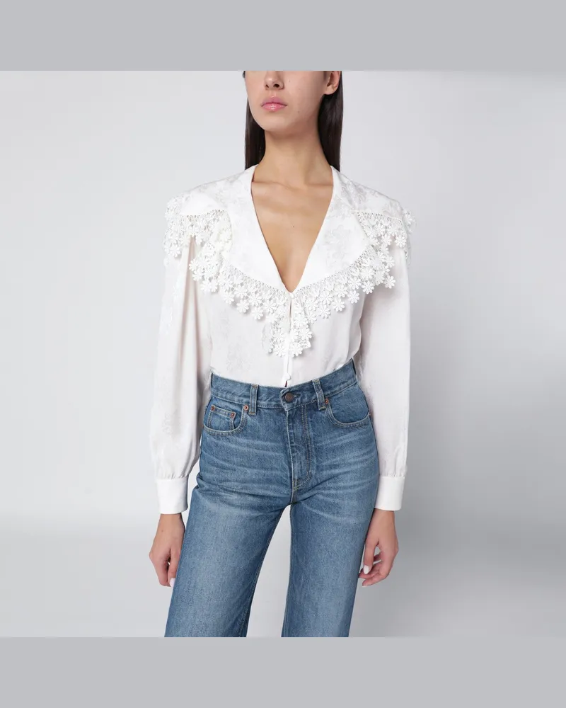 Chloé Jacquard- und Spitzenbluse mit großem Kragen White