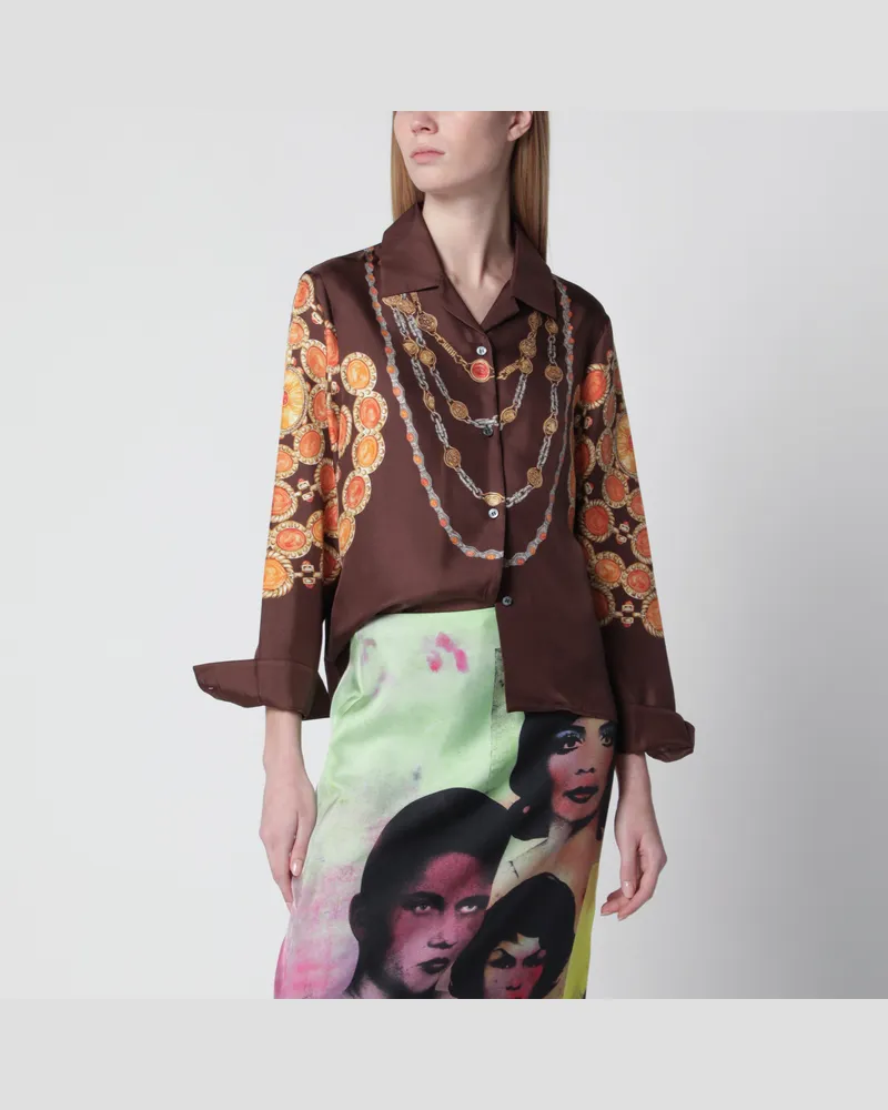 Versace Braunes Hemd aus bedrucktem Seidentwill Multicolor