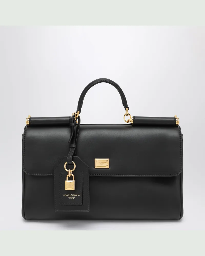 Dolce & Gabbana My Sicily mittelgroße schwarze Tasche aus Plongé-Leder Black