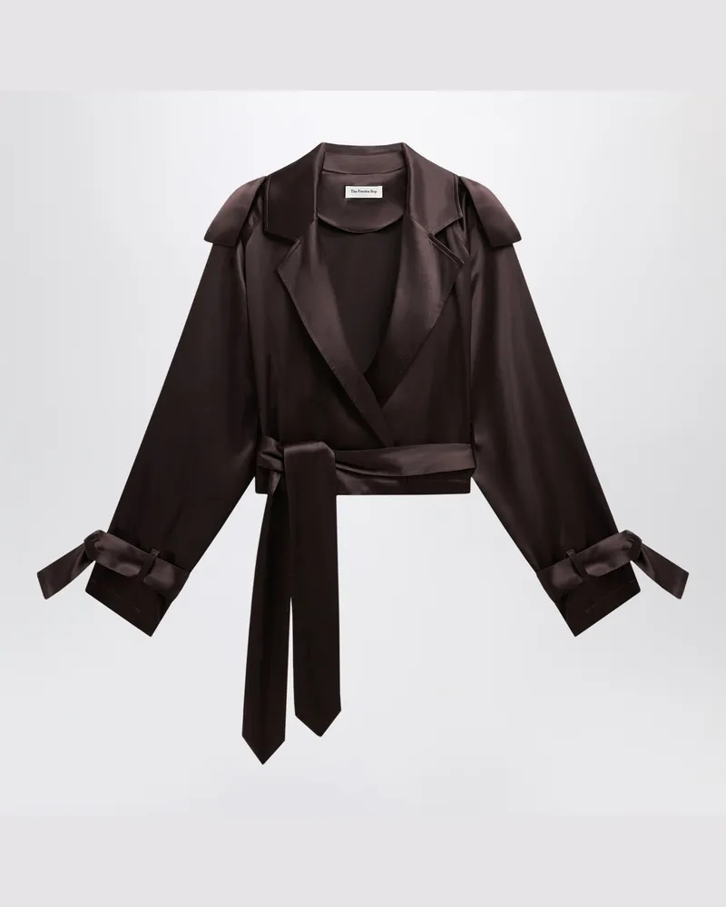 FRANKIE Shop Kurzer Simona Trenchcoat aus dunkelbraunem Satin 