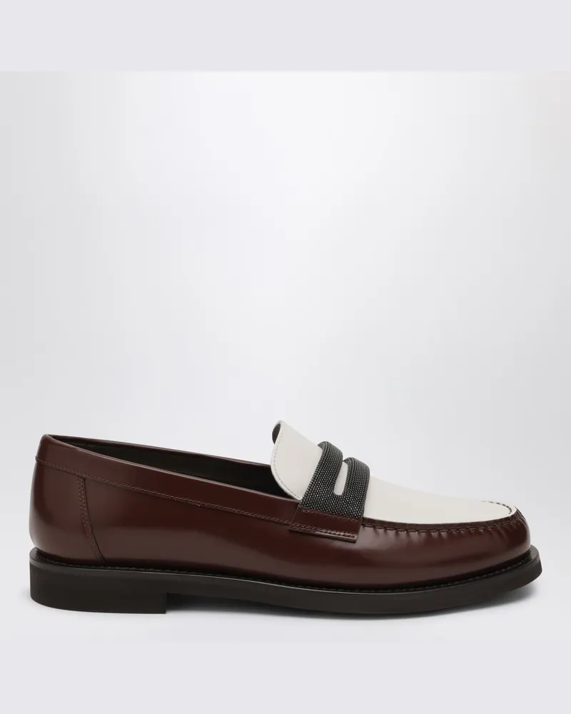 Brunello Cucinelli Braun/Weiße Mokassins mit Precious-Spange Braun