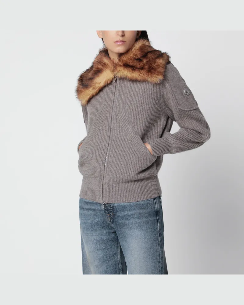 Moose Knuckles Grauer Wollcardigan mit Kunstpelzkragen Grey
