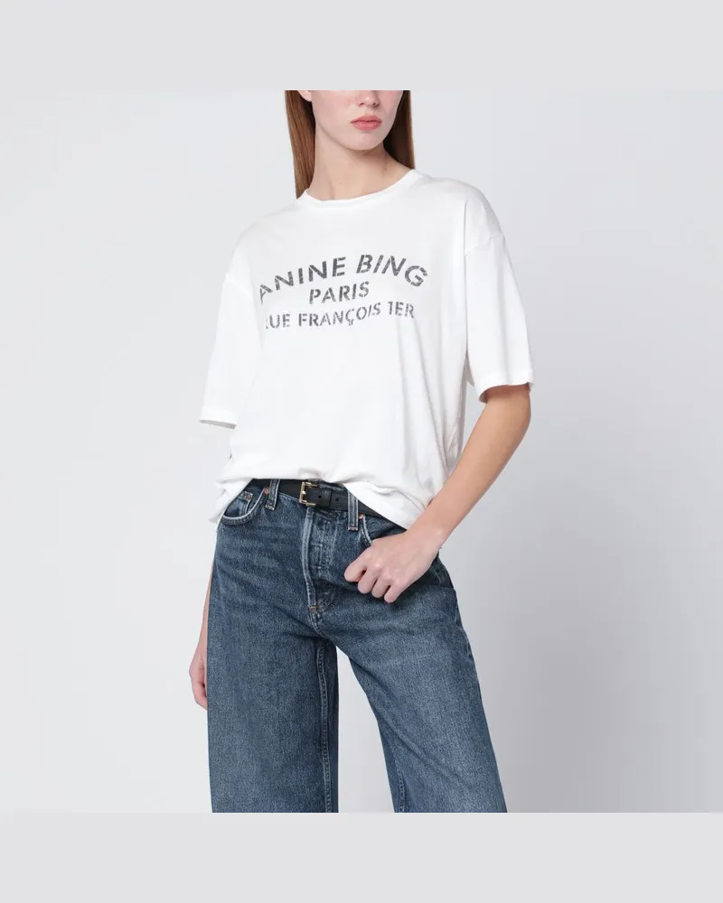 Anine Bing Elfenbeinfarbenes entspanntes T-Shirt mit Logodruck Weiß