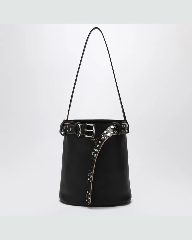 Prada Bucket Bag Buckle schwarz mit Nieten-Gürtel Black