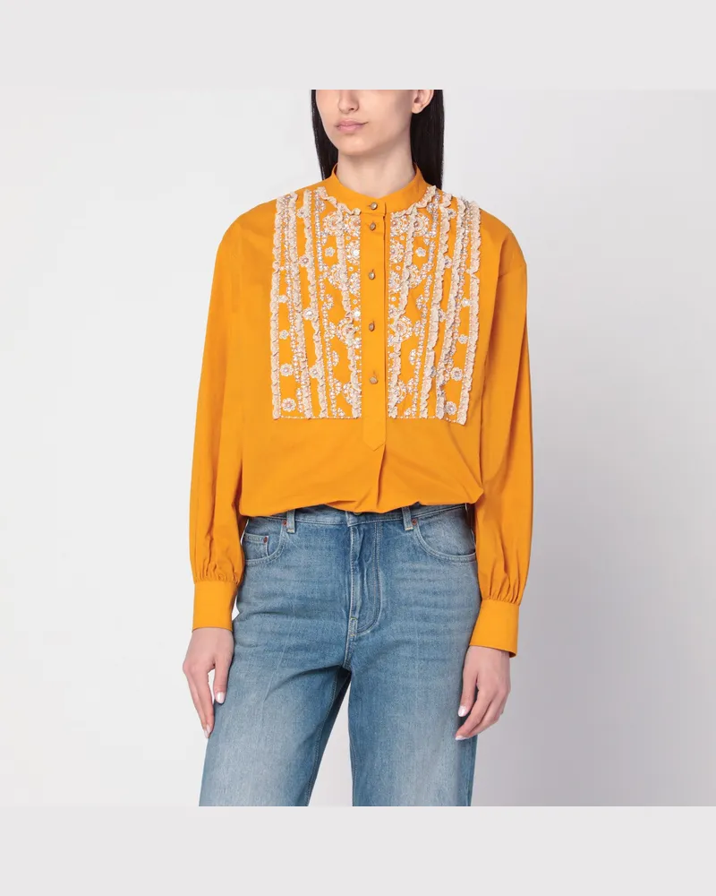 Valentino Garavani Ockergelbe Bluse mit Perlen und Spitze Yellow