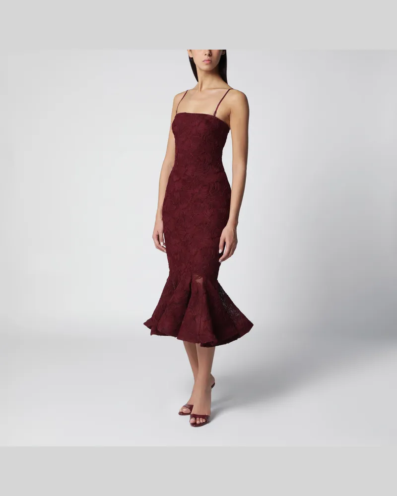 ROTATE Birger Christensen Bordeauxfarbenes Kleid mit Volants aus floralem Netzstoff Burgundy
