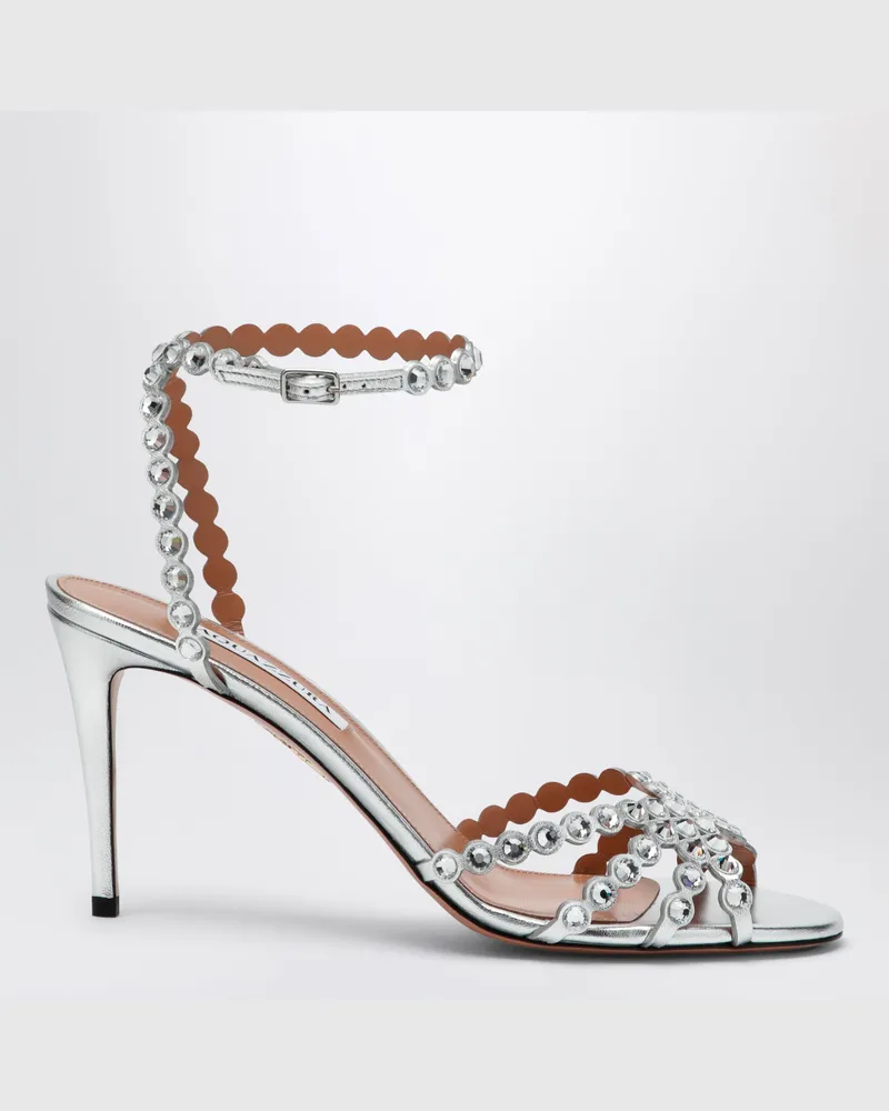 Aquazzura Tequila Sandalen in Silber aus Metallic-Leder mit Kristallen Metal