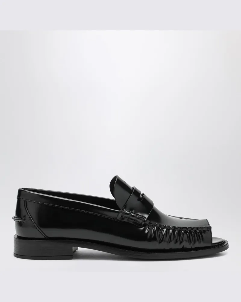 Prada Schwarze Loafer aus gebürstetem Leder mit Peeptoe Schwarz