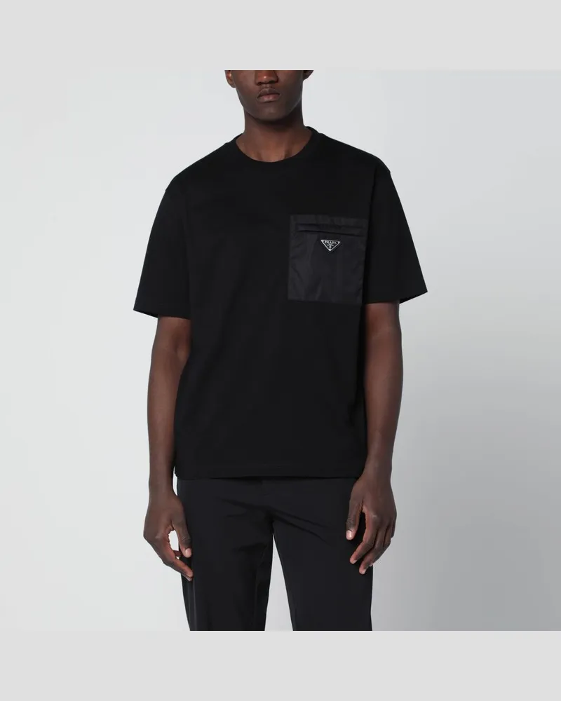 Prada Schwarzes T-Shirt aus Baumwolle und Re-Nylon Schwarz