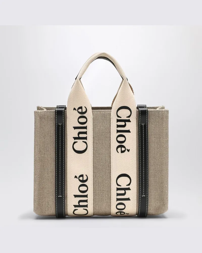 Chloé Woody kleine Tasche aus beigem Canvas Weiß
