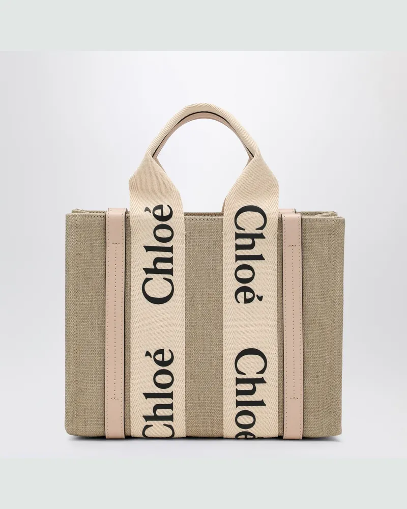 Chloé Kleine Woody-Tasche aus beigem Leinen Pink