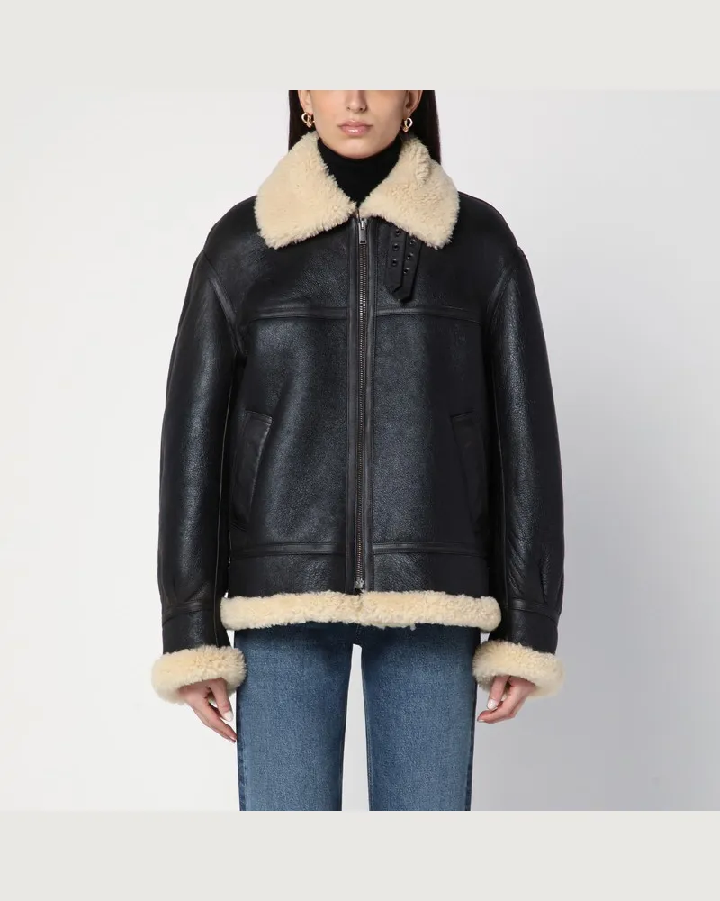 Saint Laurent Schwarze Jacke aus Leder und Shearling Schwarz