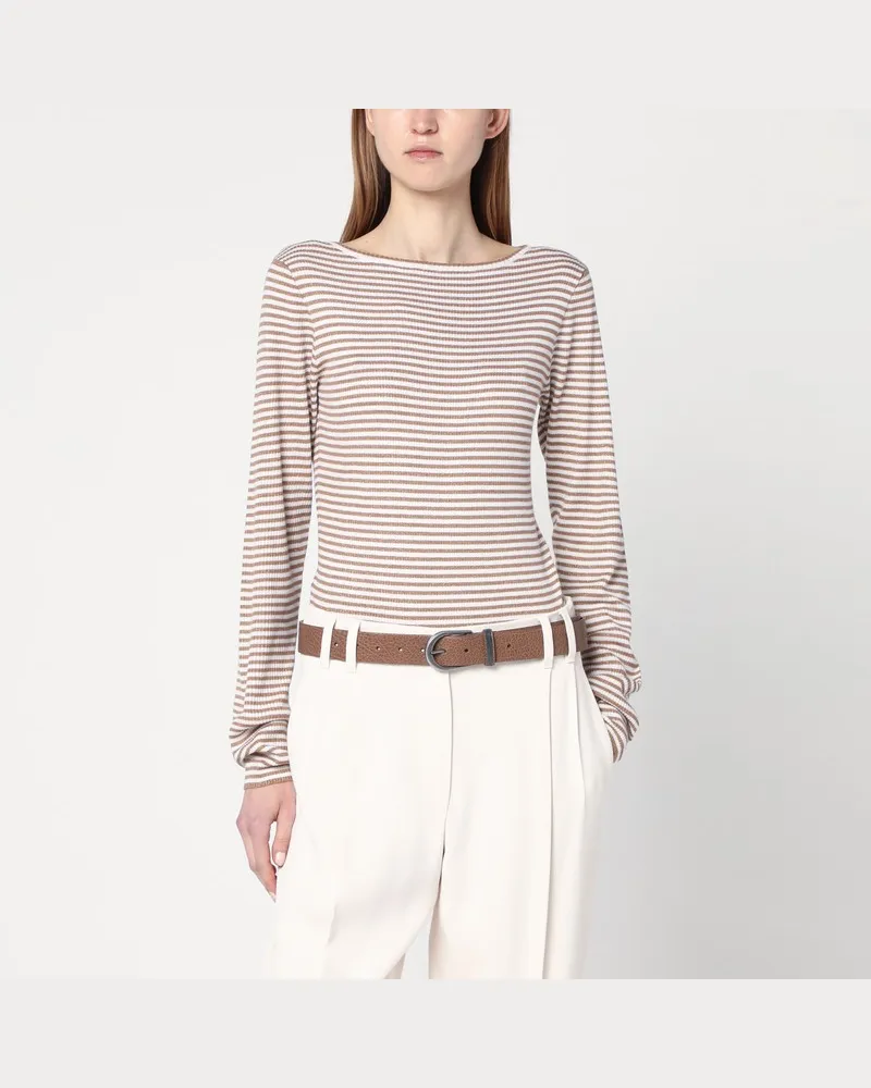Brunello Cucinelli Glitzernder Streifenpullover aus Kaschmir und Seide Beige