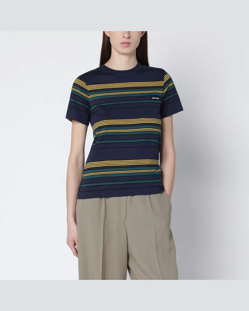 Miu Miu Blau/flaschengrünes gestreiftes Jersey-T-Shirt 
