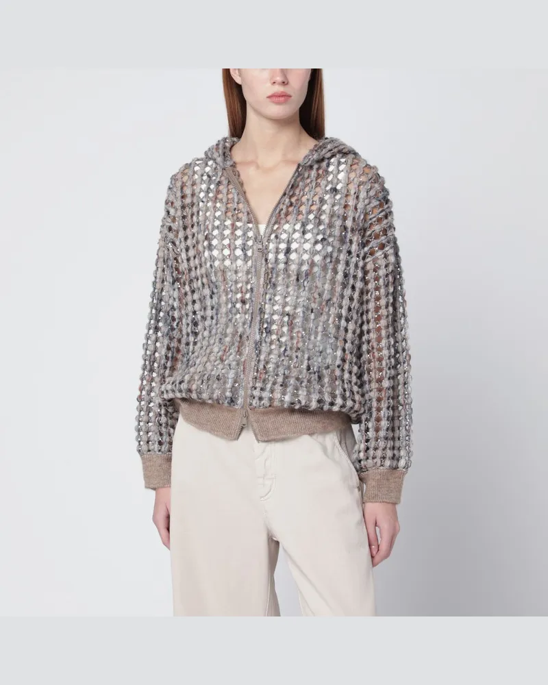 Brunello Cucinelli Kamelbrauner Balloon Net Embroidery Cardigan Mehrfarbig