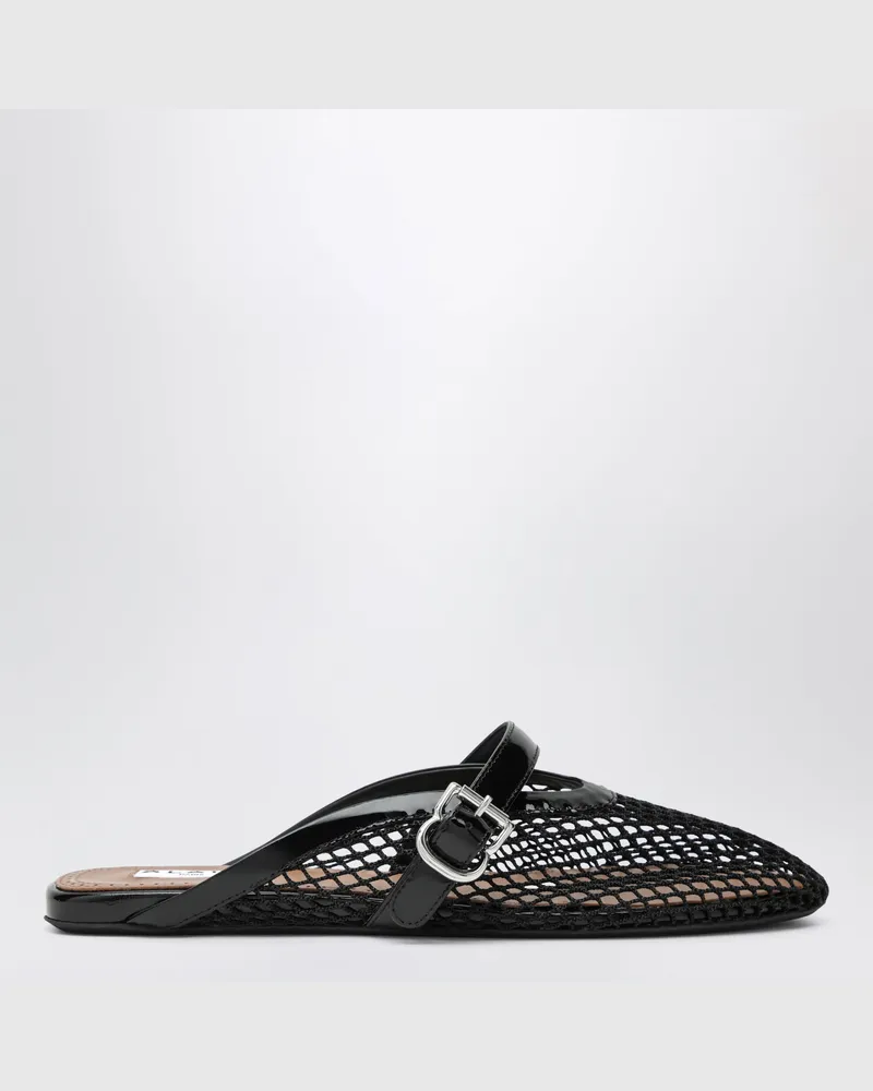 Alaïa Flache Mules aus Netz mit Schnallenriemen aus Lackleder in Schwarz Black