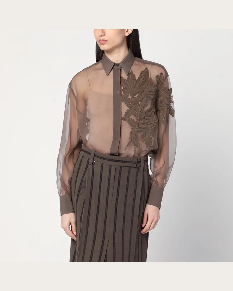 Brunello Cucinelli Braunes Hemd mit Flora-Applikation aus Seide Braun