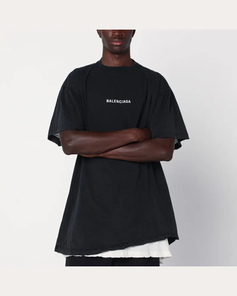 Balenciaga Schwarzes, verblasstes T-Shirt mit doppeltem -Logo auf der Rückseite Schwarz