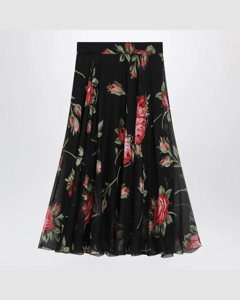Dolce & Gabbana Chiffon-Tellerrrock mit Rosenbouquet-Print, schwarz Multicolor