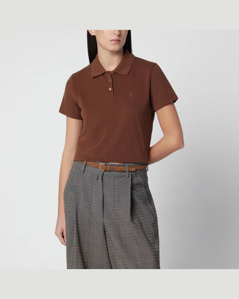 Saint Laurent Cropped-Poloshirt aus Baumwollpiqué in Karamell Brown