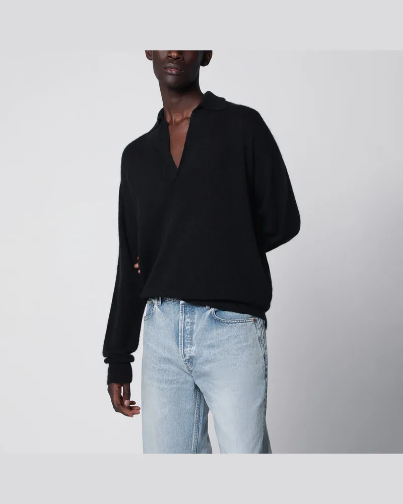 Tom Ford Langarm-Polo aus Kaschmir-Seide, Schwarz Black