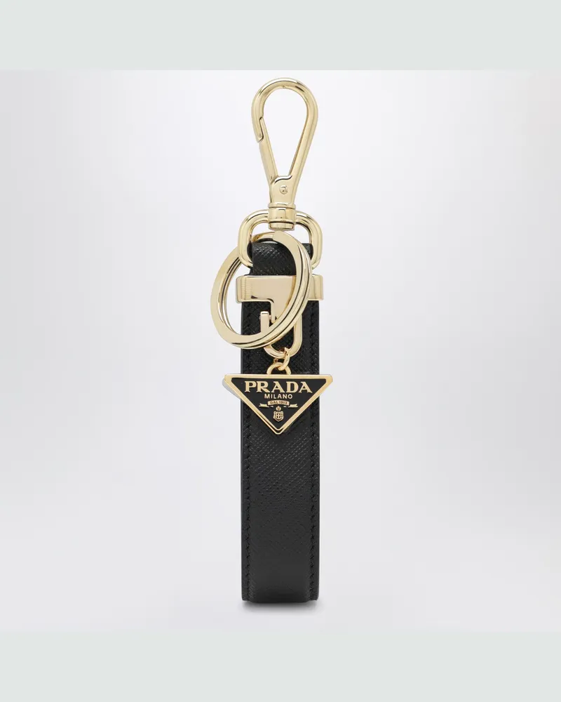 Prada Black Saffiano leather keyring with triangle logo Black