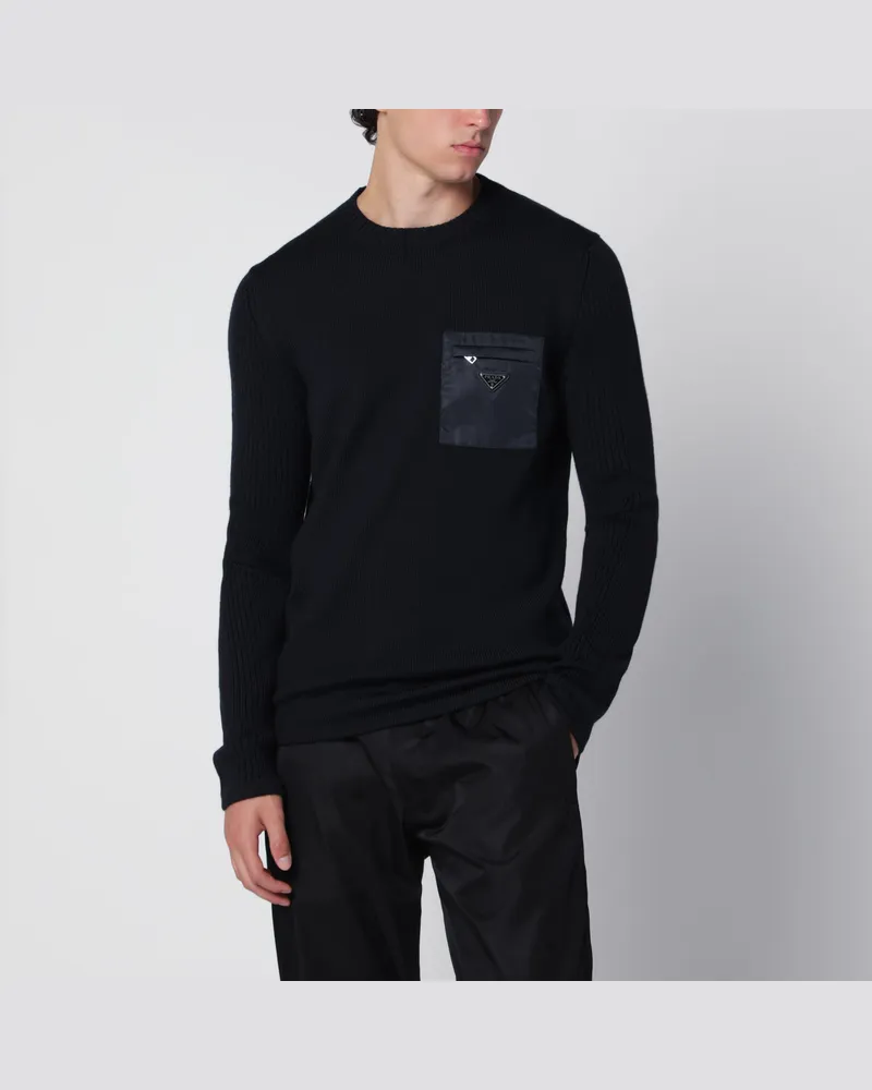 Prada Blue Wool Sweater with Re-Nylon Pocket Blue