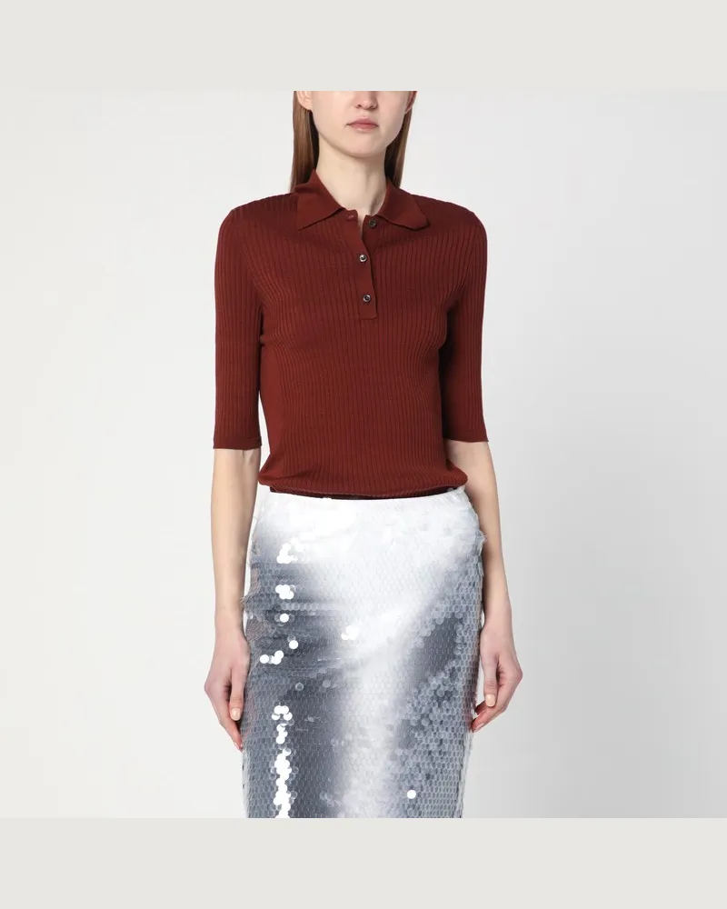 Prada Geripptes Poloshirt in Rostfarbe Burgunderrot