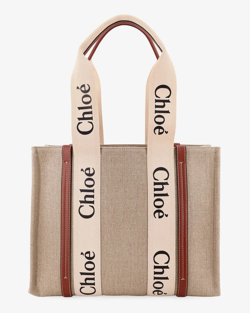 Chloé Woody linen shoulder bag with logo lettering on the front -  - gender_Woman Beige