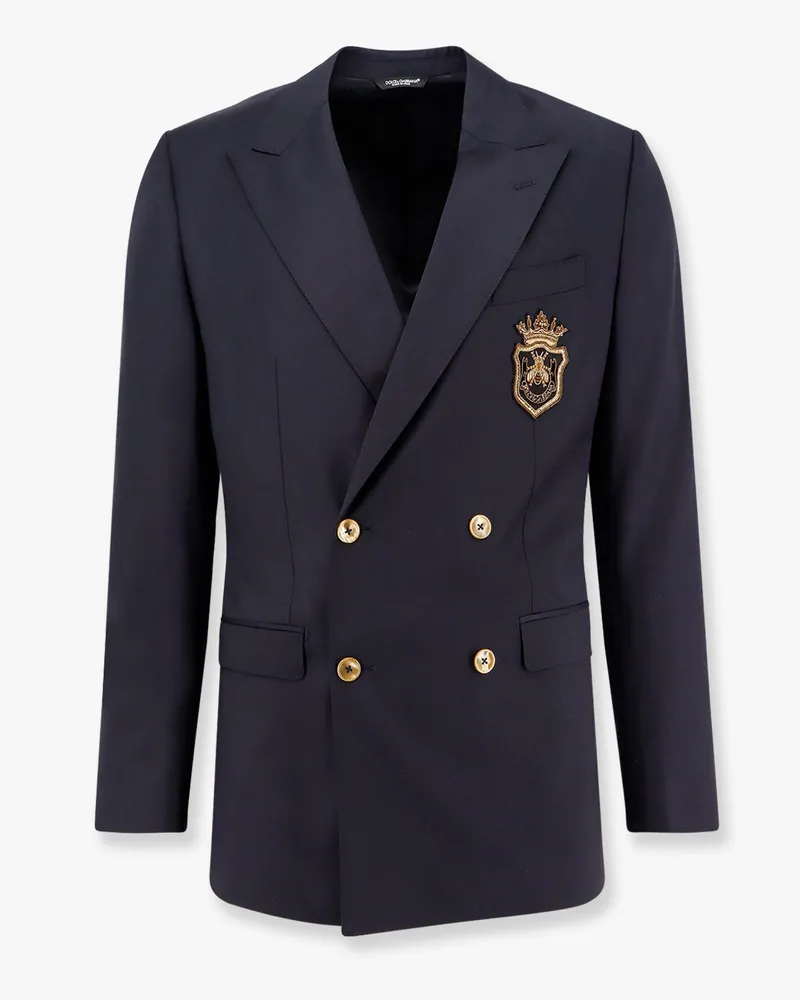 Dolce & Gabbana Stretch virgin wool blazer with frontal logo patch -  - gender_Man Blue