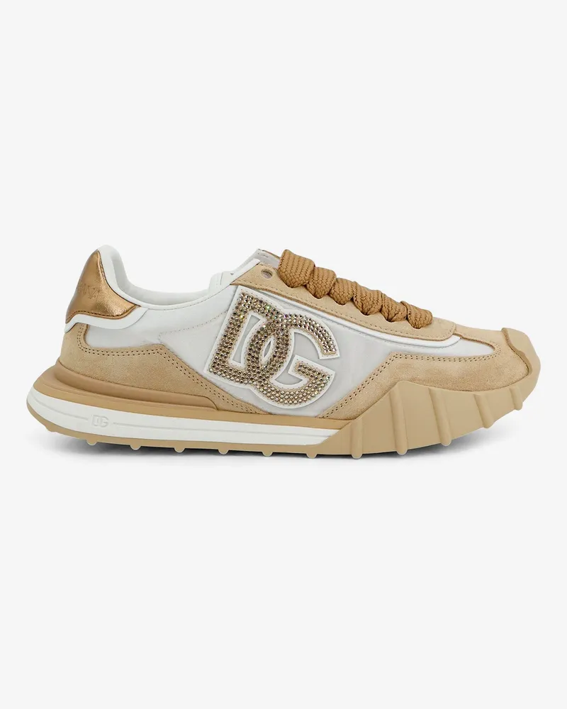 Dolce & Gabbana Nylon and suede sneakers with rhinestone DG logo -  - gender_Woman Beige