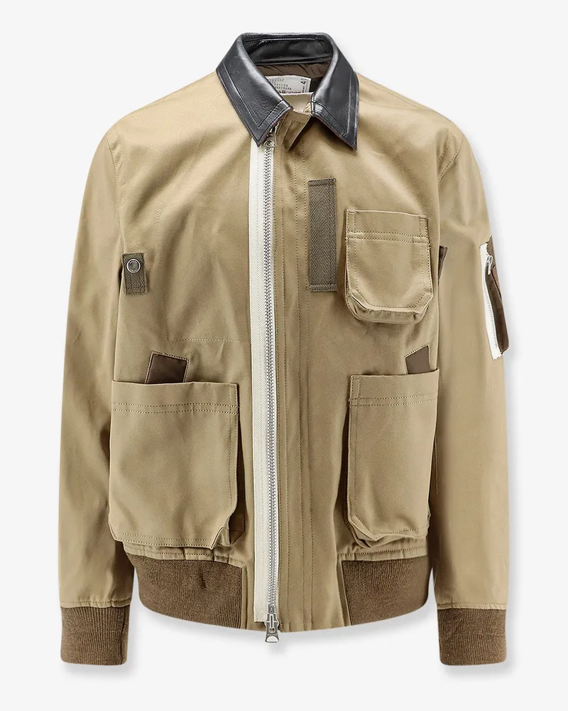 Sacai Cotton chino jacket with faux leather collar -  - gender_Man Beige