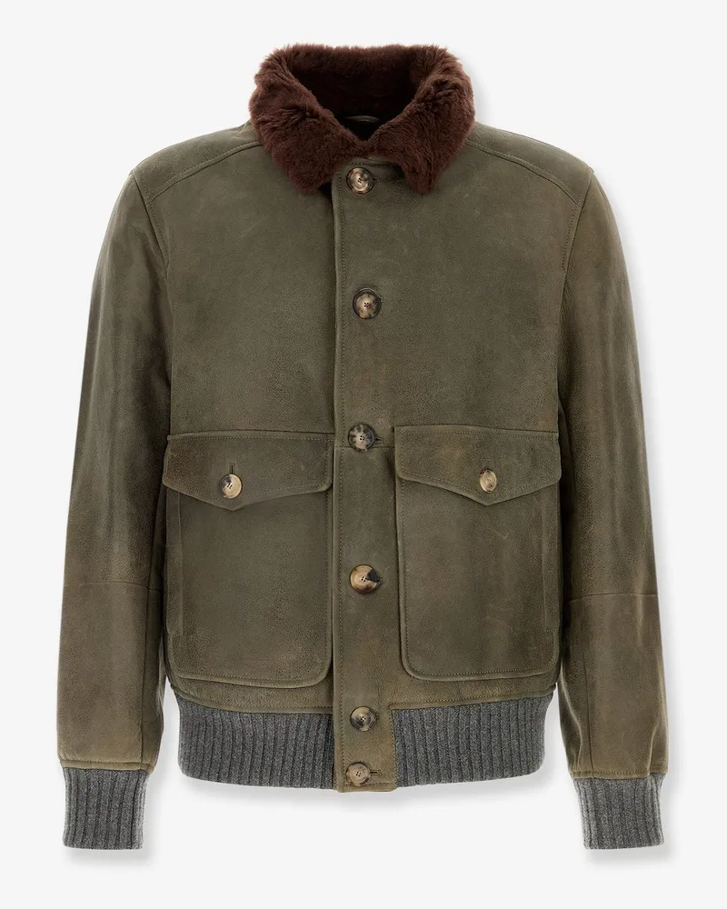 Brunello Cucinelli Waxed shearling bomber jacket with shearling collar -  - gender_Man Green