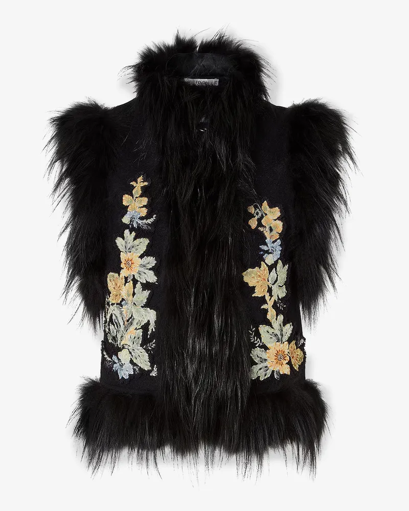 Fendi Wool vest with floral embroidery and fox fur trim -  - gender_Woman Black