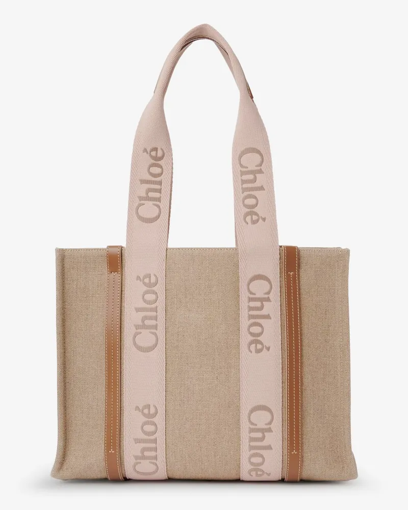 Chloé Woody linen shoulder bag with front embroidered logo -  - gender_Woman Beige