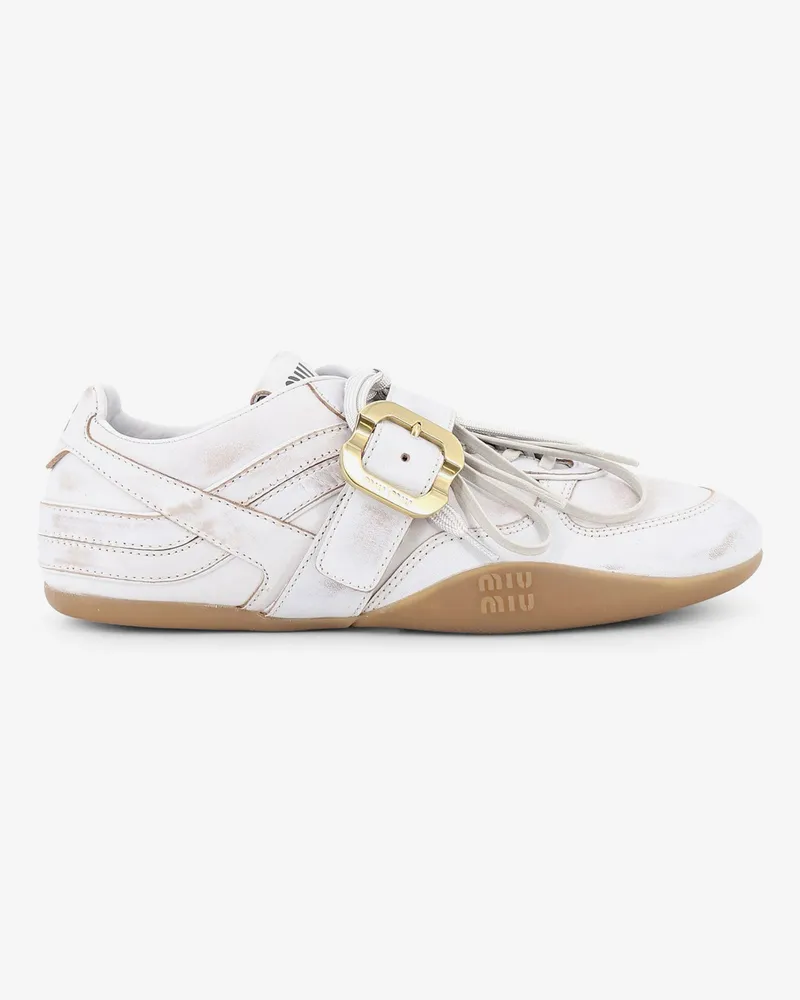 Miu Miu Used-effect leather sneakers with metal buckle detail -  - gender_Woman White