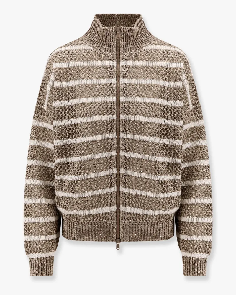 Brunello Cucinelli Dazzling striped net linen blend cardigan with sequins -  - gender_Woman Beige