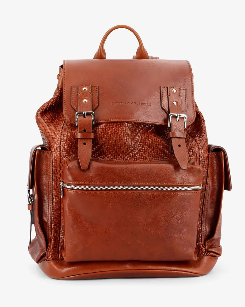 Brunello Cucinelli City leather backpack with engraved lettering logo -  - gender_Man Brown