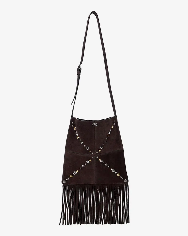 Valentino Garavani Suede shoulder bag with fringes and metal details -  - gender_Man Brown