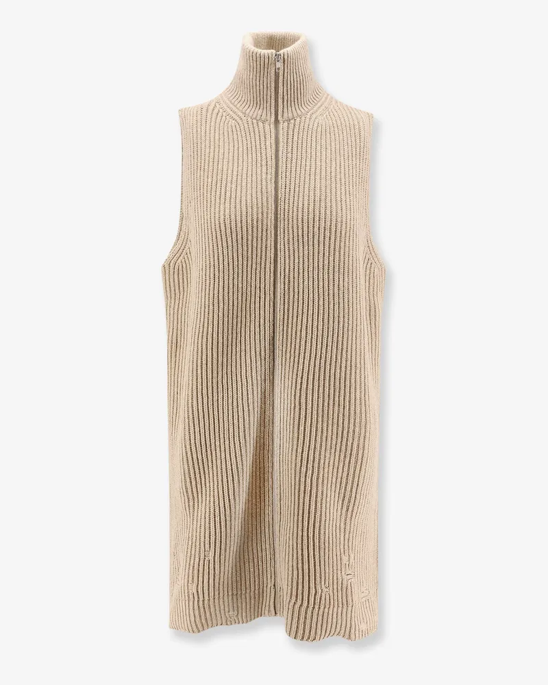 Maison Margiela Sleeveless long wool blend cardigan with distressed effect -  - gender_Woman Beige