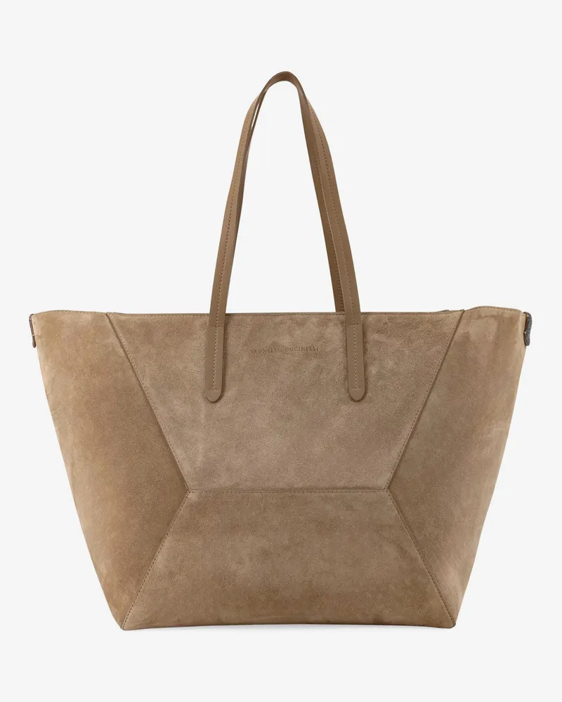 Brunello Cucinelli BC Duo suede shoulder bag with engraved logo -  - gender_Woman Beige