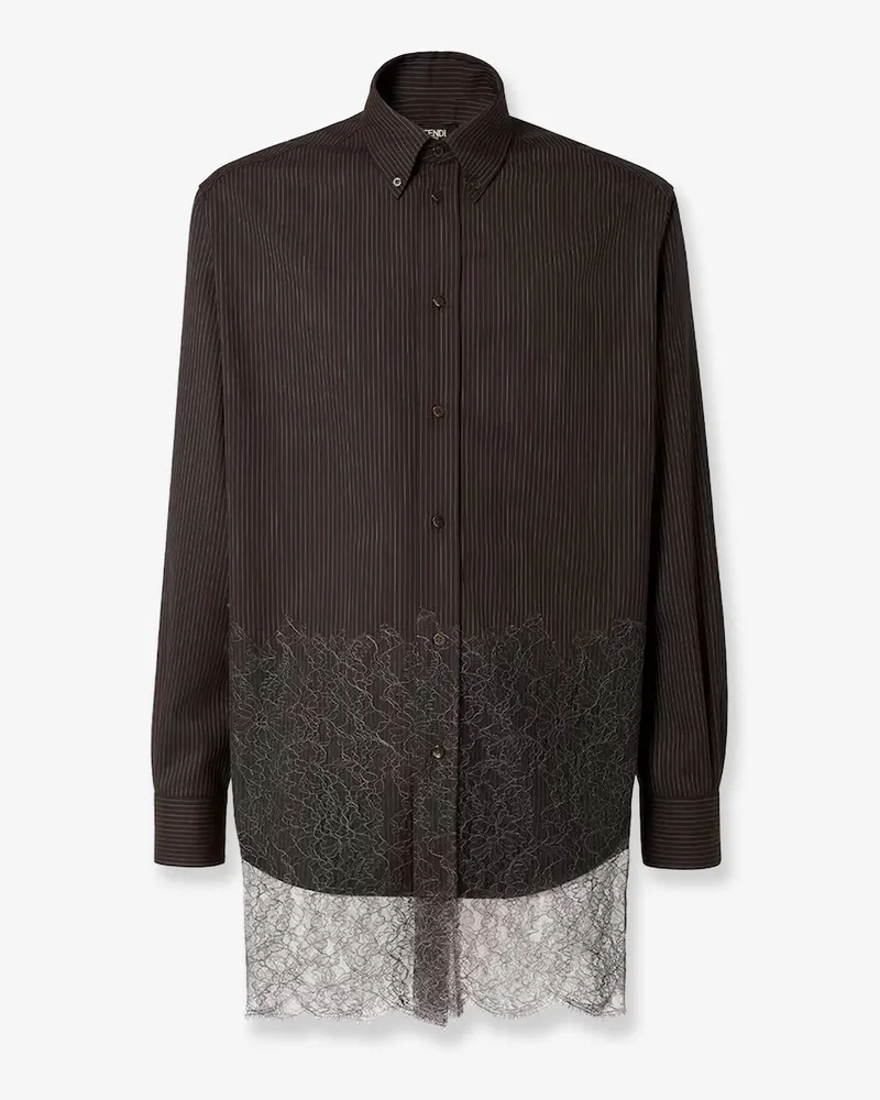 Fendi Pinstriped wool shirt with lace insert -  - gender_Man Brown