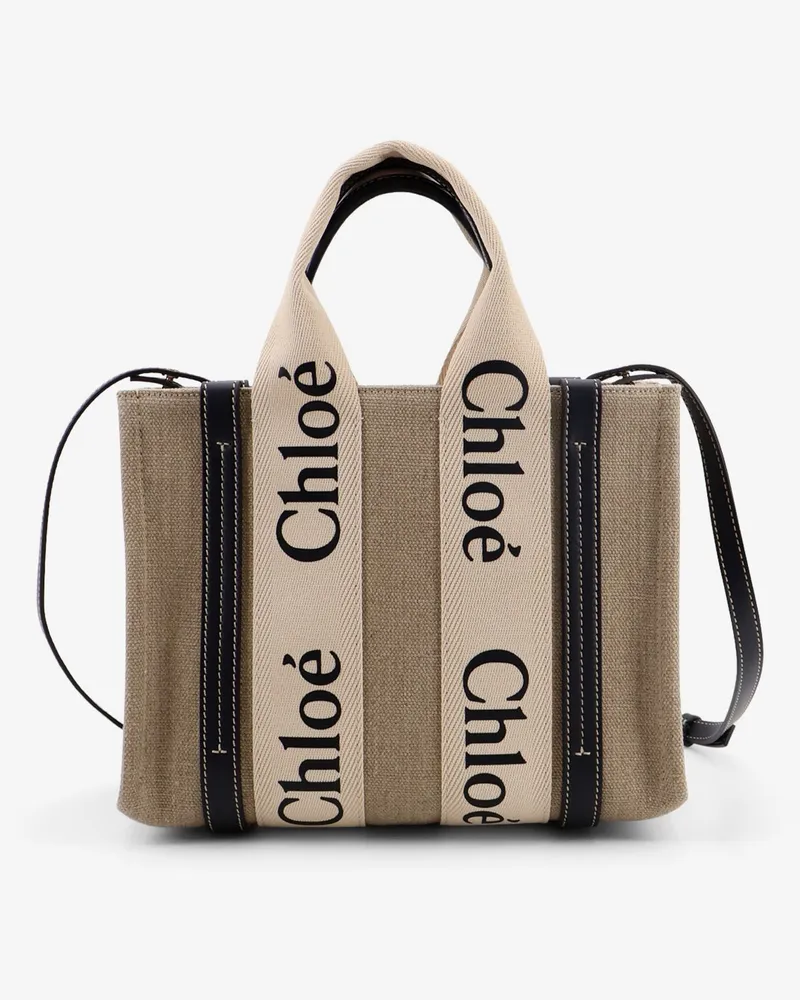 Chloé Woody linen canvas and leather crossbody bag -  - gender_Woman Beige