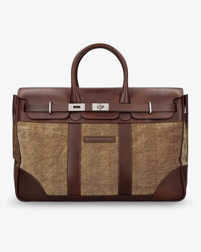 Brunello Cucinelli Country leather bag with chevron pattern -  - gender_Man Brown