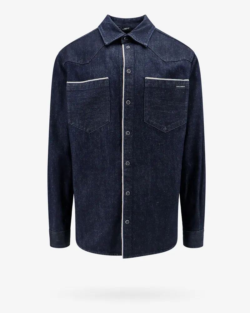Dolce & Gabbana Denim shirt with logoed label -  - gender_Man Blue