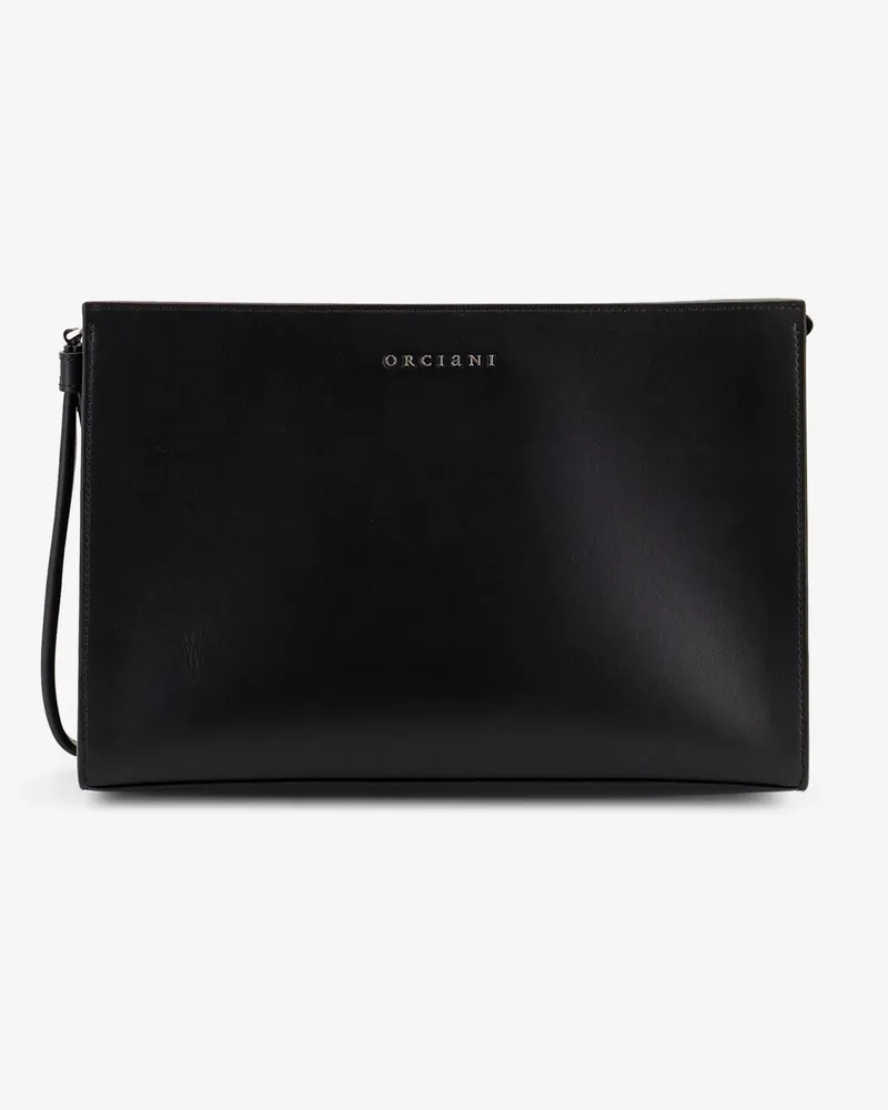 Orciani Leather clutch bag with metal lettering logo -  - gender_Man Black