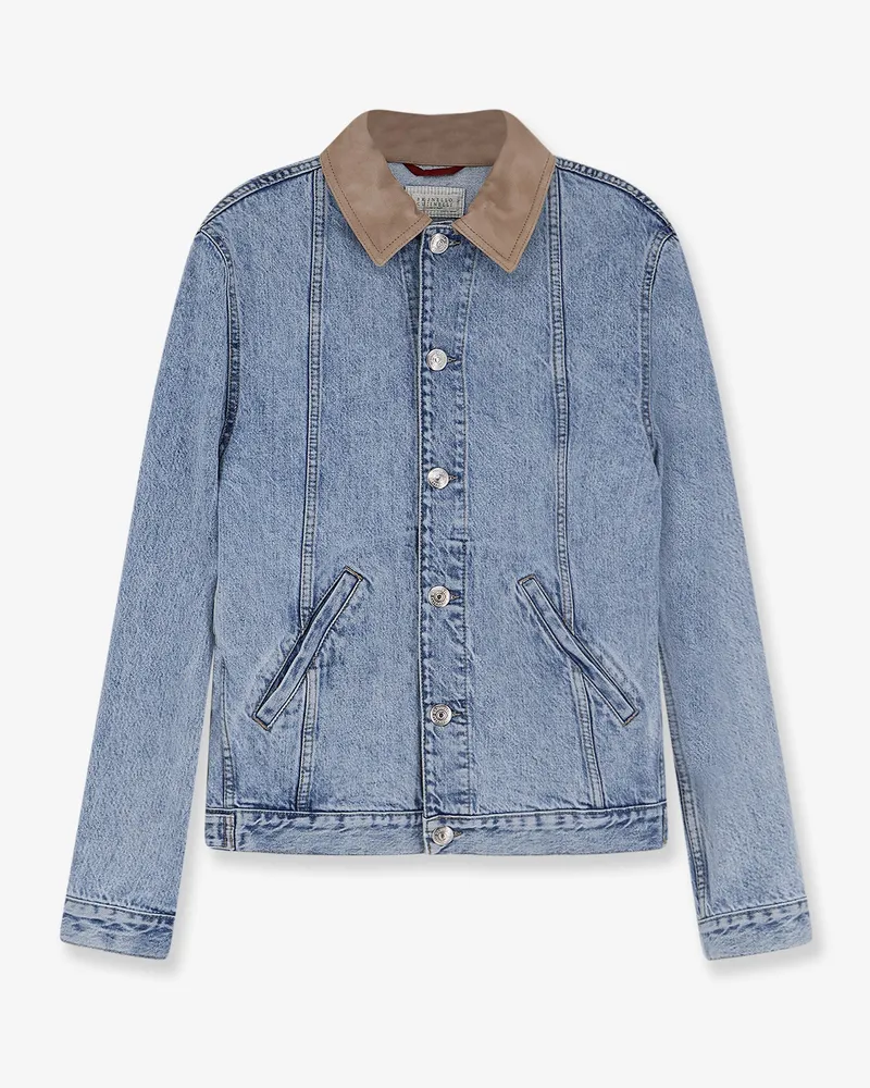 Brunello Cucinelli Denim Jacket with suede collar -  - gender_Man Blue